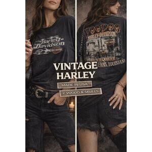 Vintage Y2k Distressed Harley Davidson Voodoo New Orleans Skull Tee USA XL
